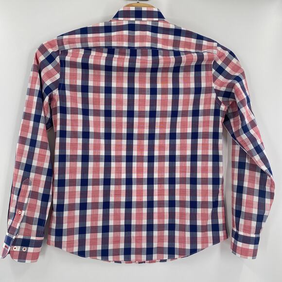 Untuckit Large Blue Red White Plaid Long Sleeve Button Up Cotton Redaelli Shirt - Picture 5 of 5